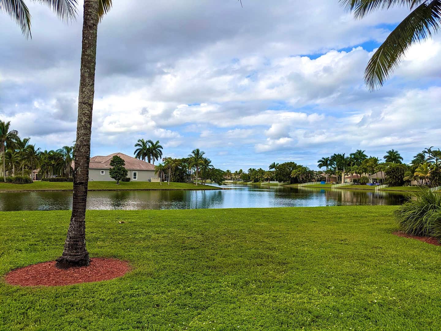 Calm lake with a grassy bank, palm trees and a tile-roofed house under a cloudy sky.