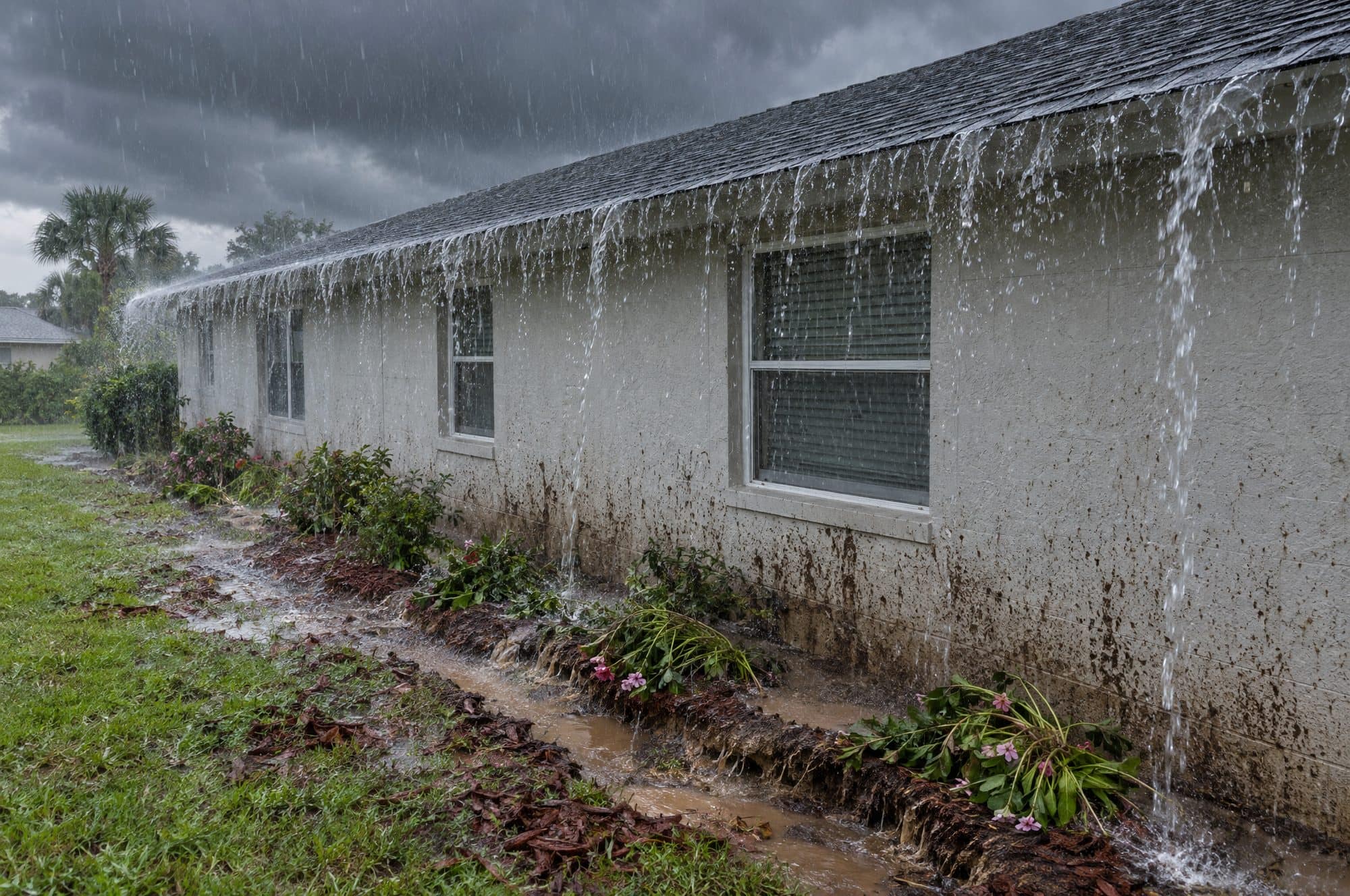 Heavy afternoon downpour pouring off a roof edge with no gutter, splashing mud onto the wall and washing out the flower bed along the foundation (illustration)