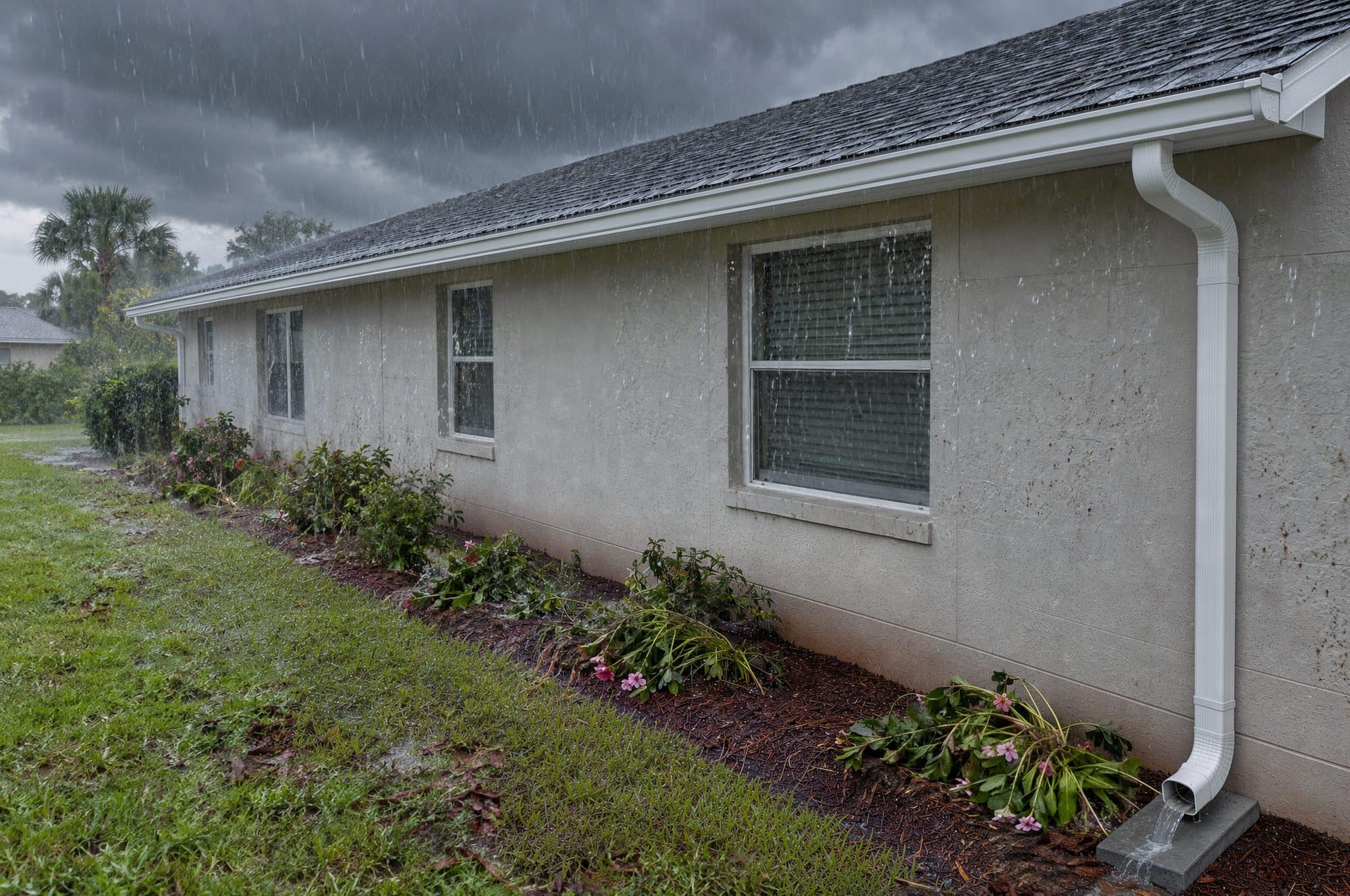 Heavy afternoon downpour on a single-story stucco home, with a white gutter catching the runoff and a downspout discharging onto a splash block beside an intact flower bed (illustration)