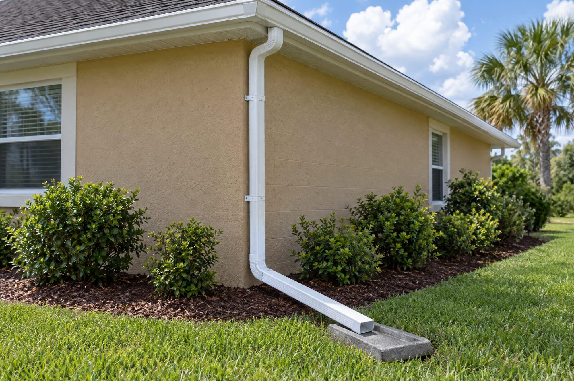 A white downspout turning through an elbow onto a splash block away from a stucco wall (illustration)