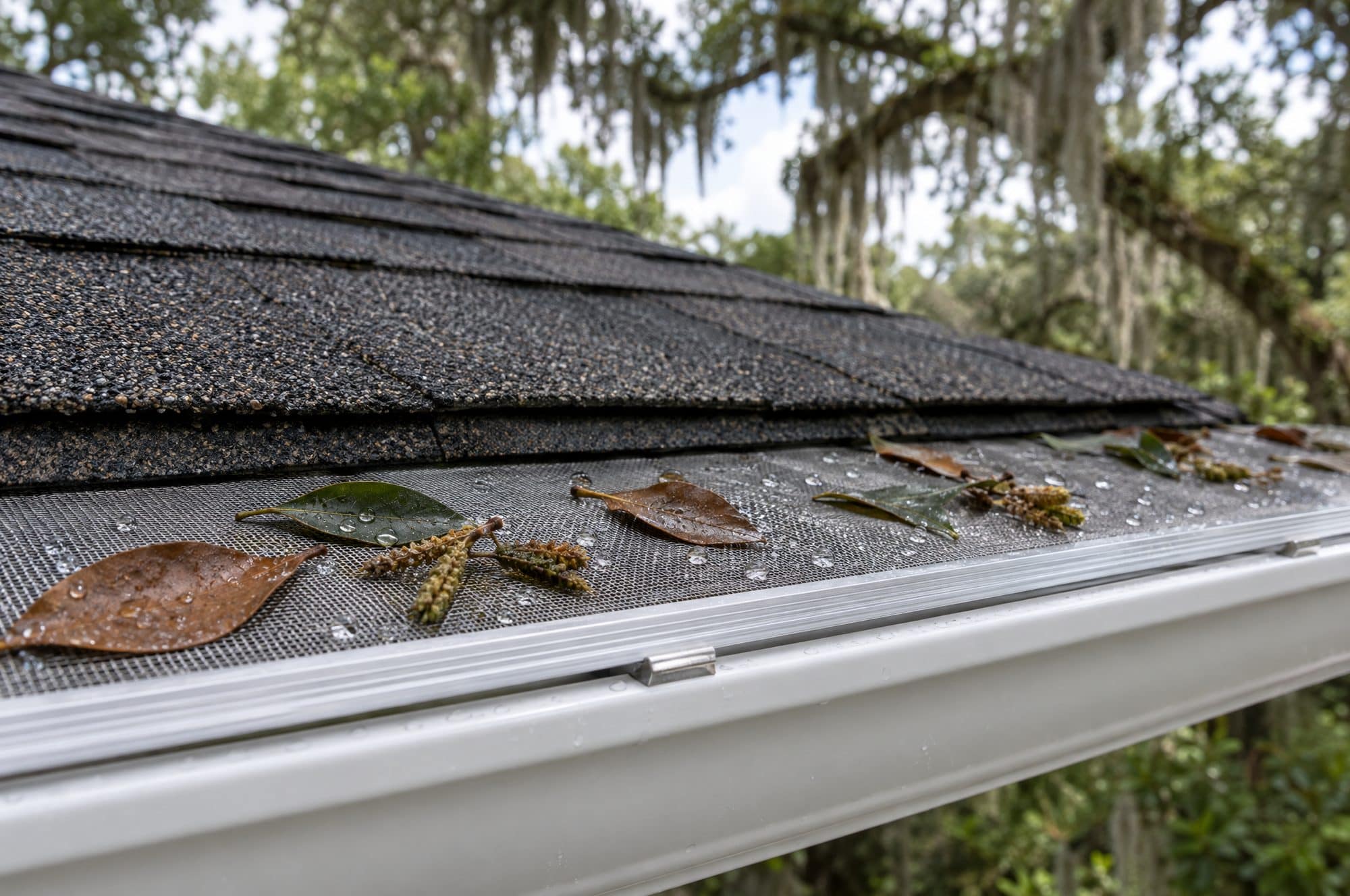 Close-up of a fine stainless micro-mesh gutter guard over a white gutter at a shingle roof edge, with oak leaves, catkins and raindrops resting on top (illustration)