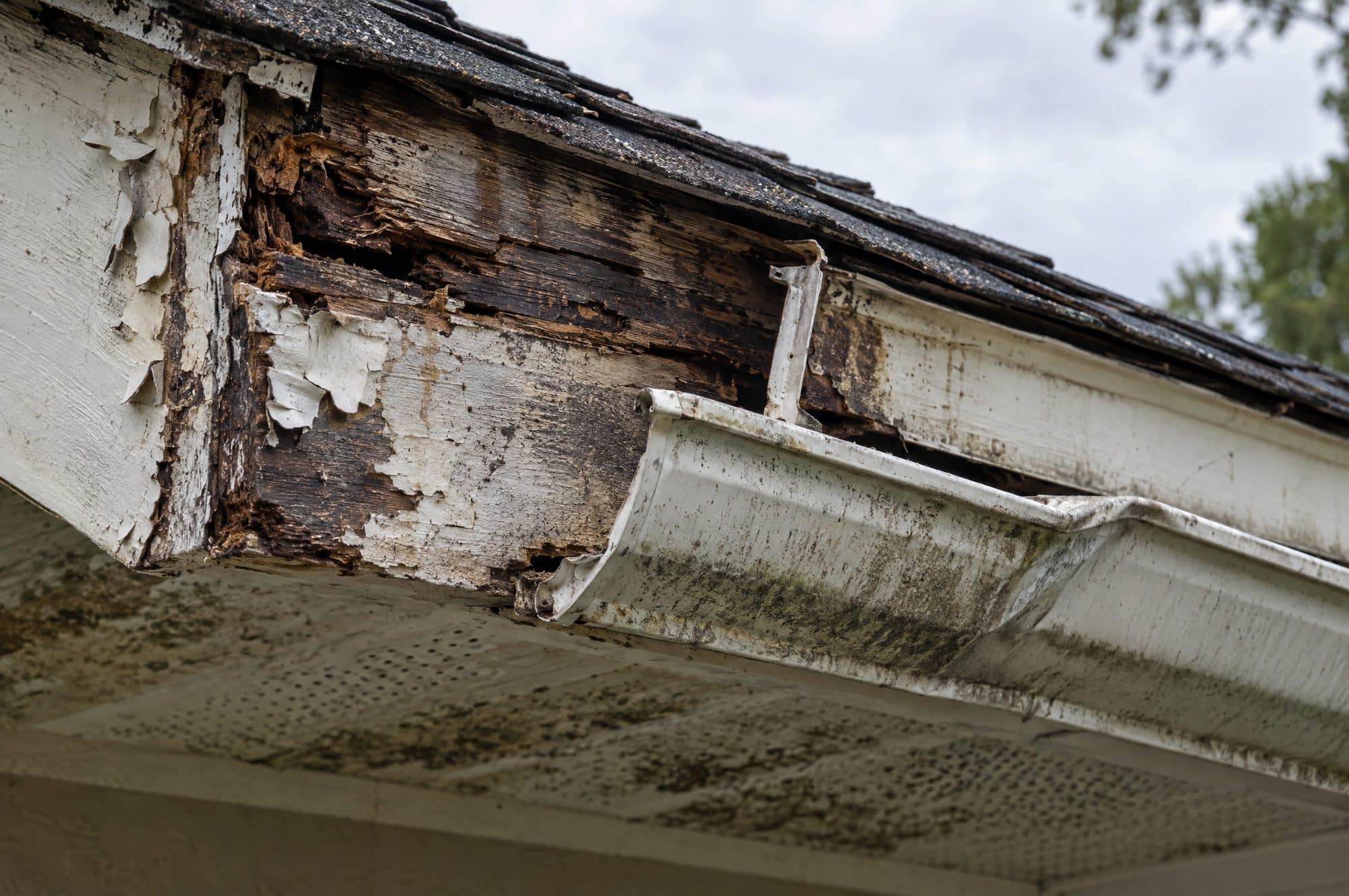 Old gutter sagging away from a rotted, water-stained fascia board with peeling paint under the eave (illustration)