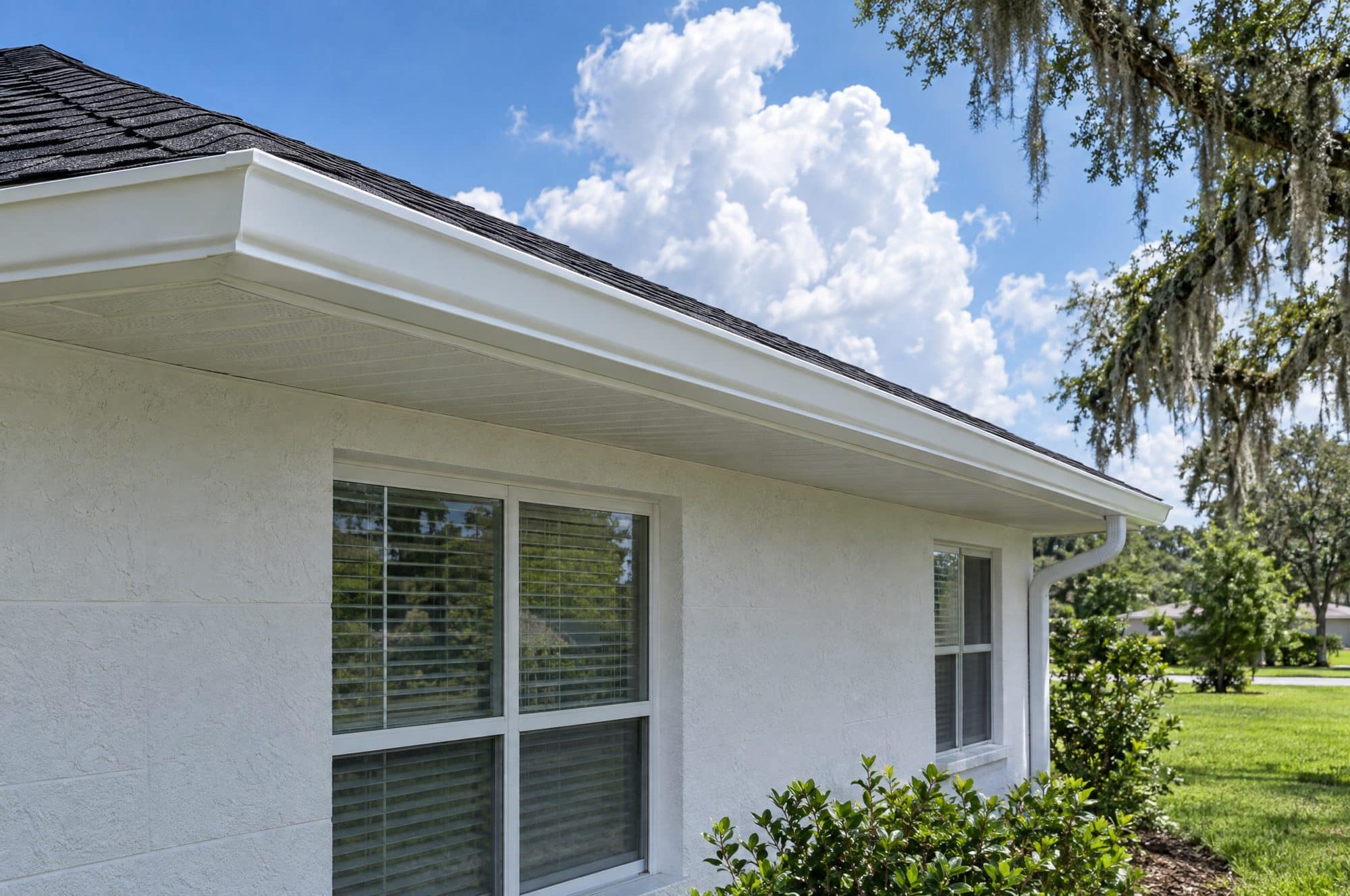 A white K-style aluminum gutter along the eave of a single-story stucco home with a dark shingle roof (illustration)