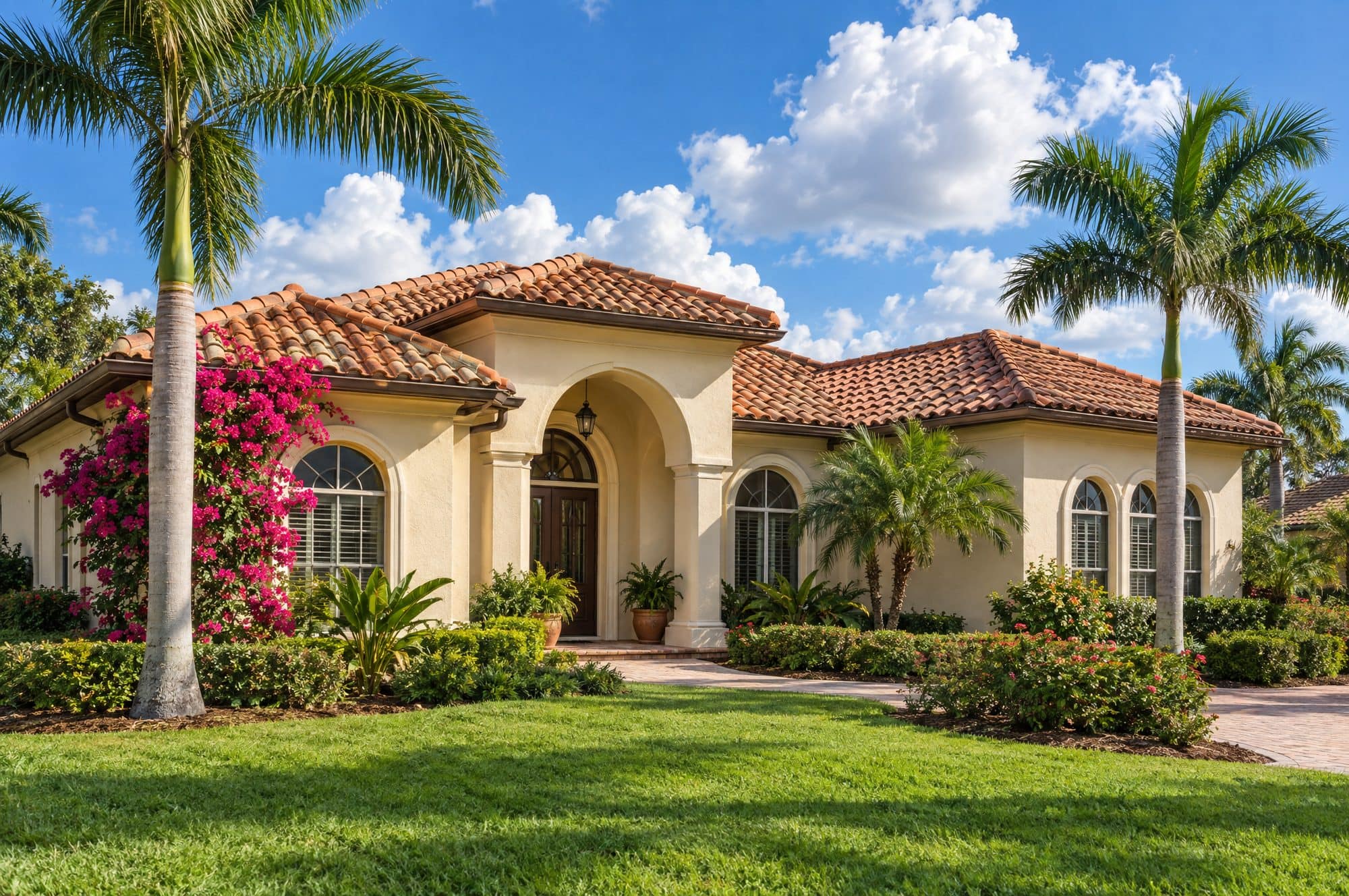 Mediterranean-style single-story Florida home with cream stucco, arched entry and a terracotta barrel tile roof, royal palms and bougainvillea (illustration)