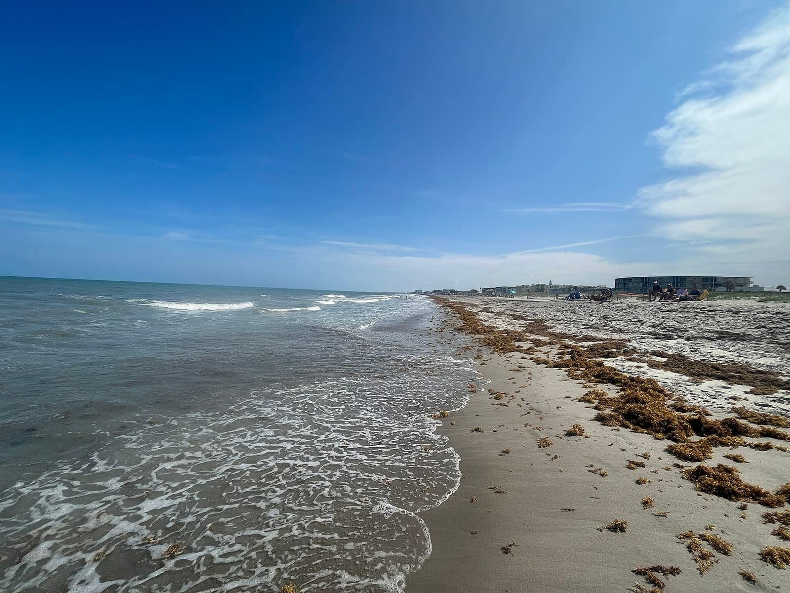 Sandy beach with foamy surf and a line of seaweed, with low buildings far off on the right under blue sky.