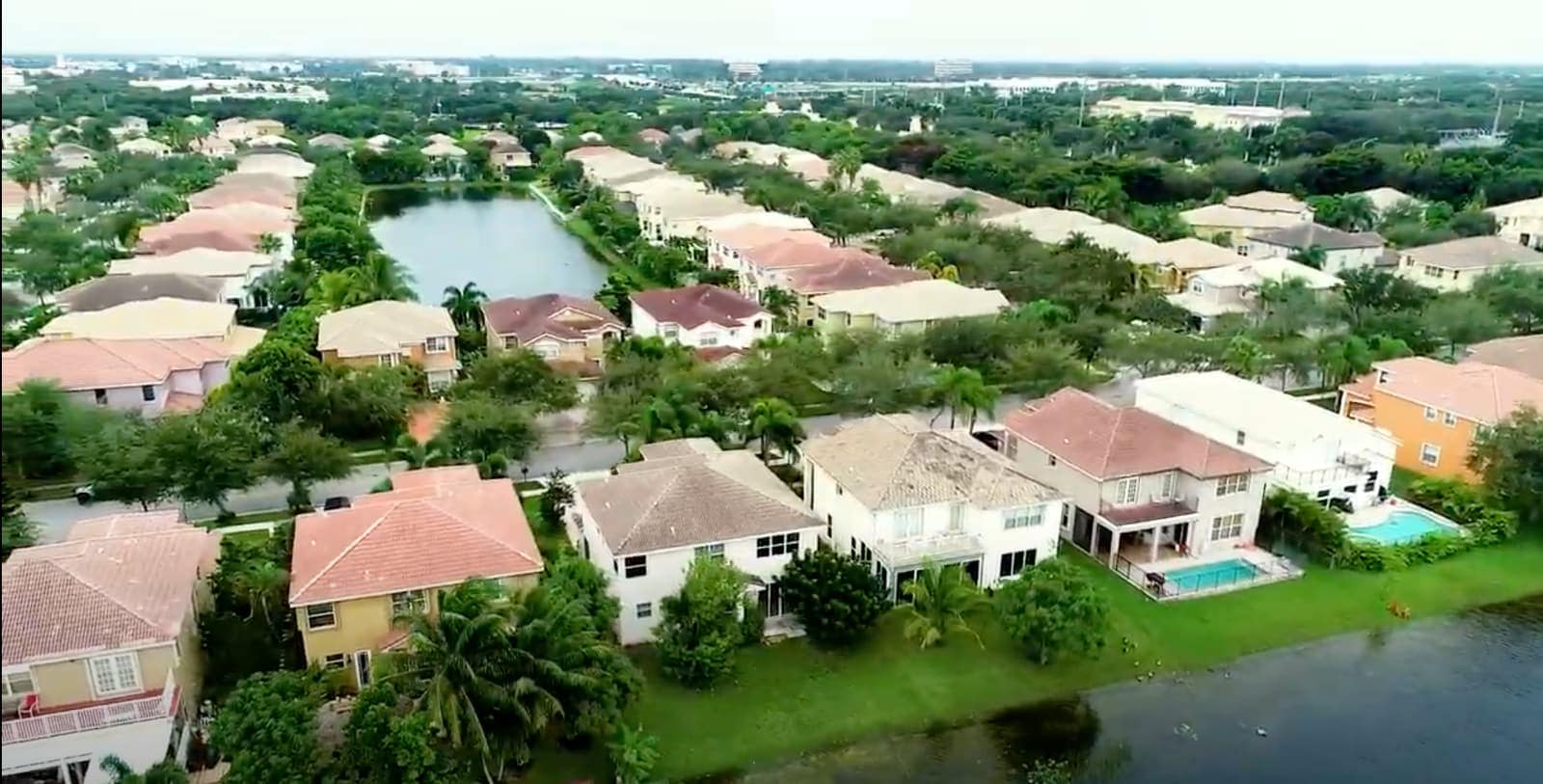Aerial view of suburban homes and tile roofs beside a lake with palm trees and a pool.
