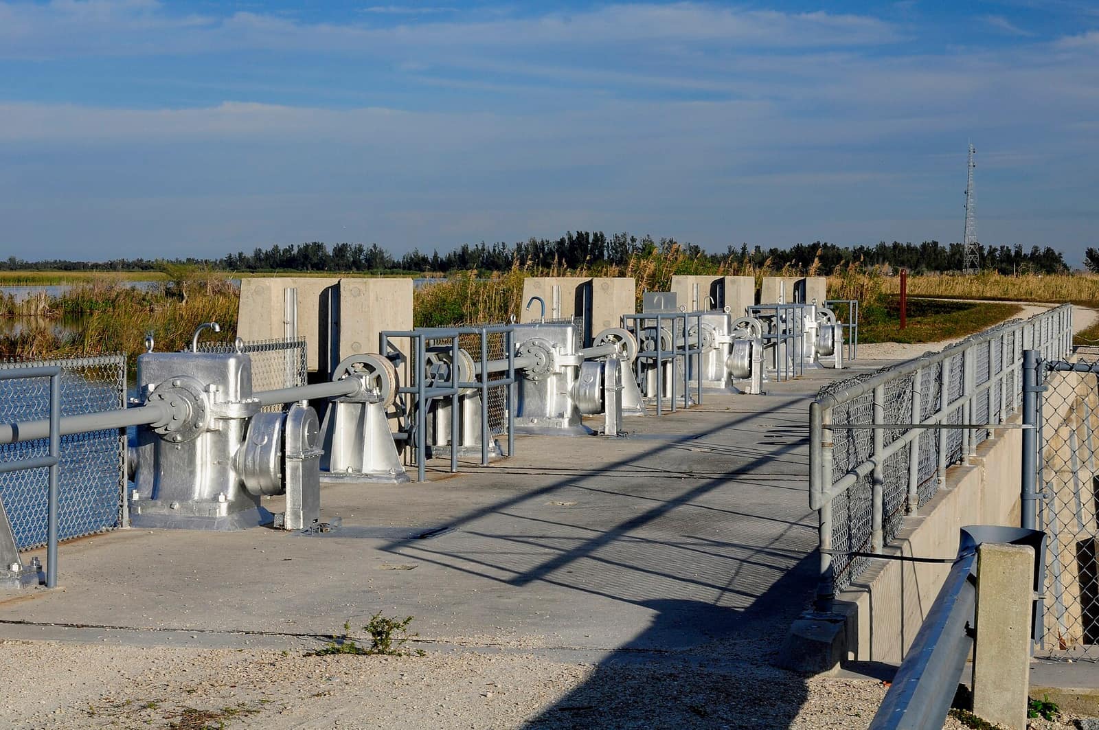 Galvanized metal water control gates along a concrete walkway beside marsh grass and a canal.
