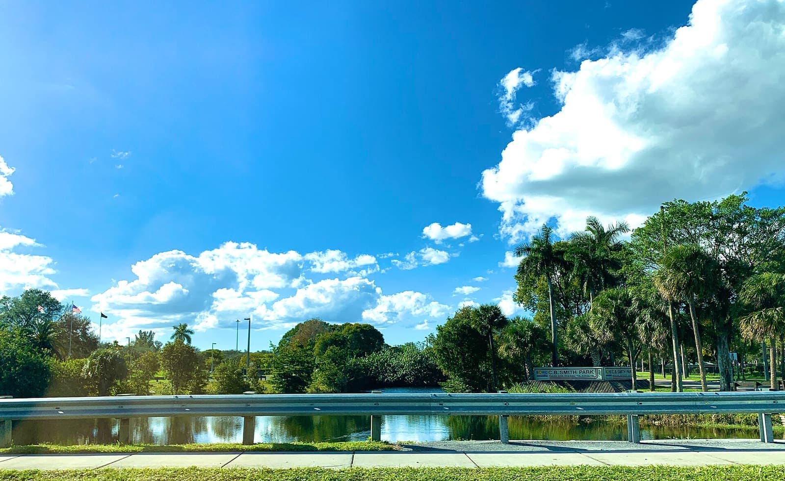 Lake seen past a guardrail with palm trees, a footbridge and a bright blue sky with clouds.