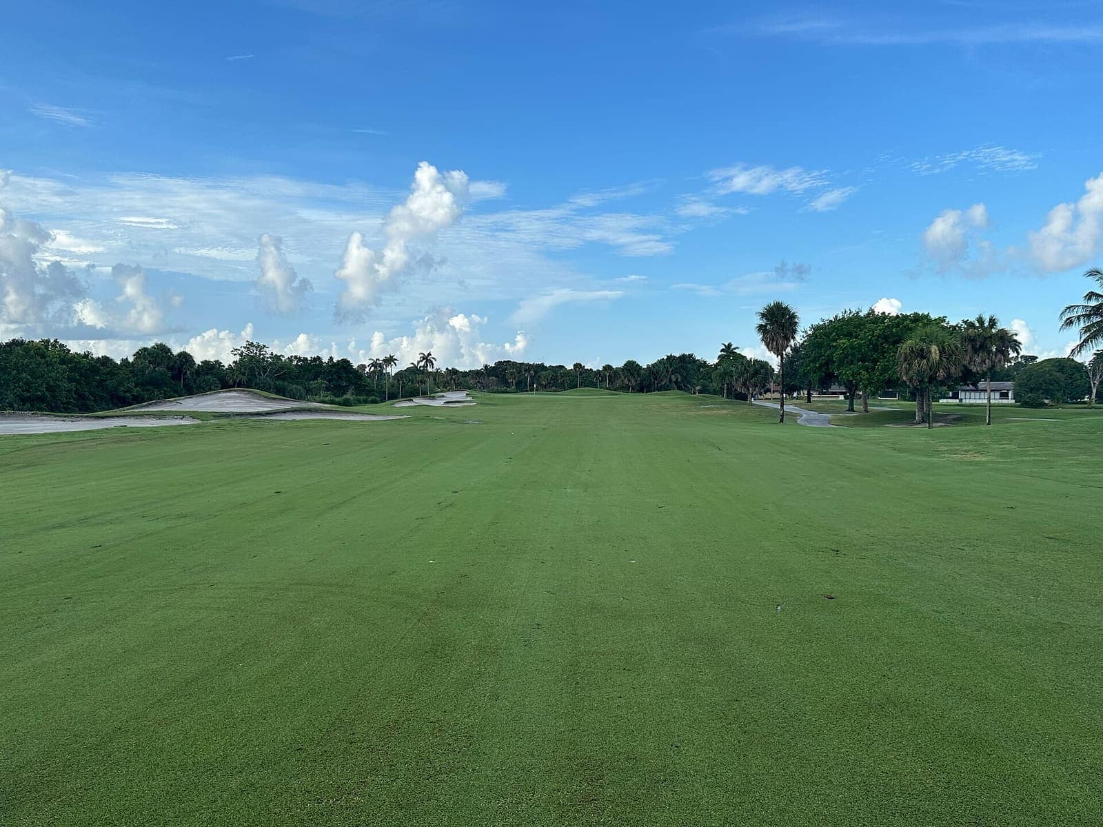 A wide grass golf fairway runs toward palm trees and sand bunkers under blue sky.