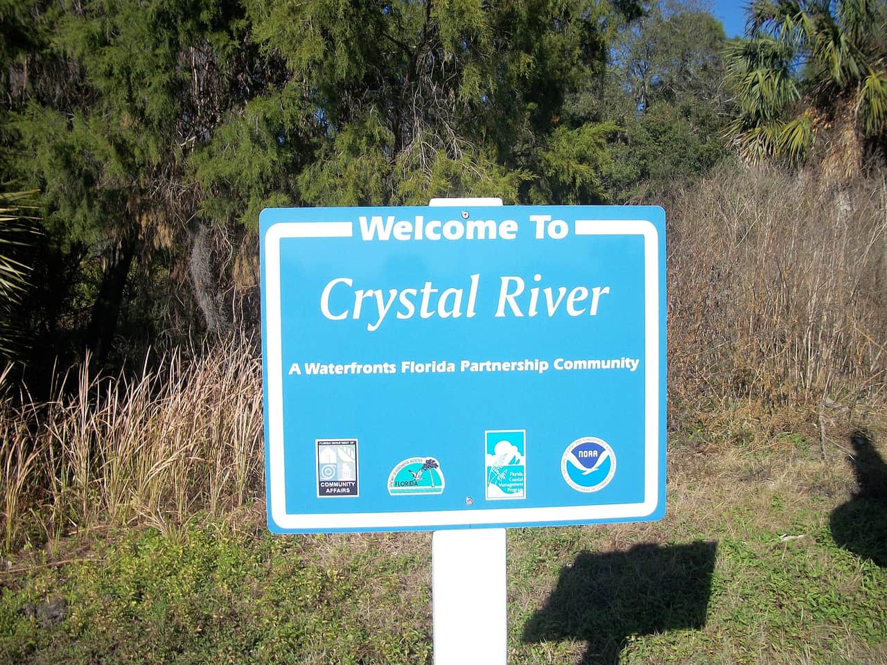 Blue Welcome to Crystal River sign with white lettering and small logos on a post in tall grass.