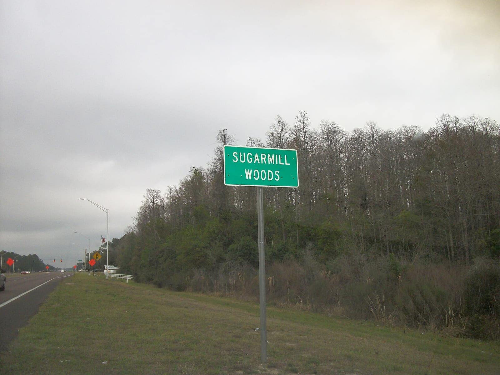 Green roadside sign reading Sugarmill Woods beside a grassy shoulder under an overcast sky.