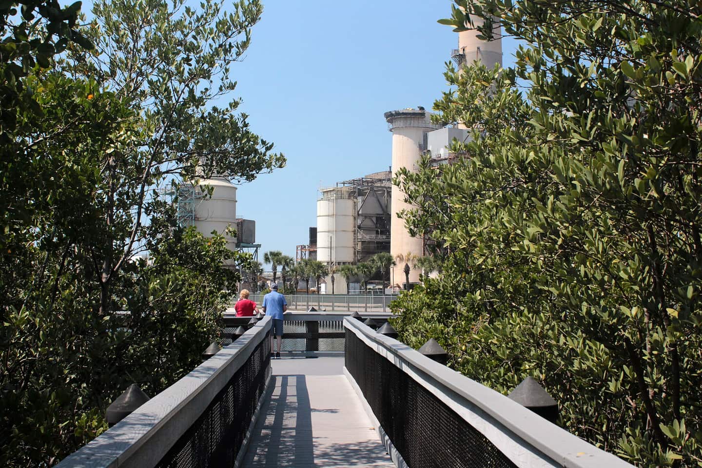 A railed boardwalk leads toward the water between green trees, with a power station visible in the background.