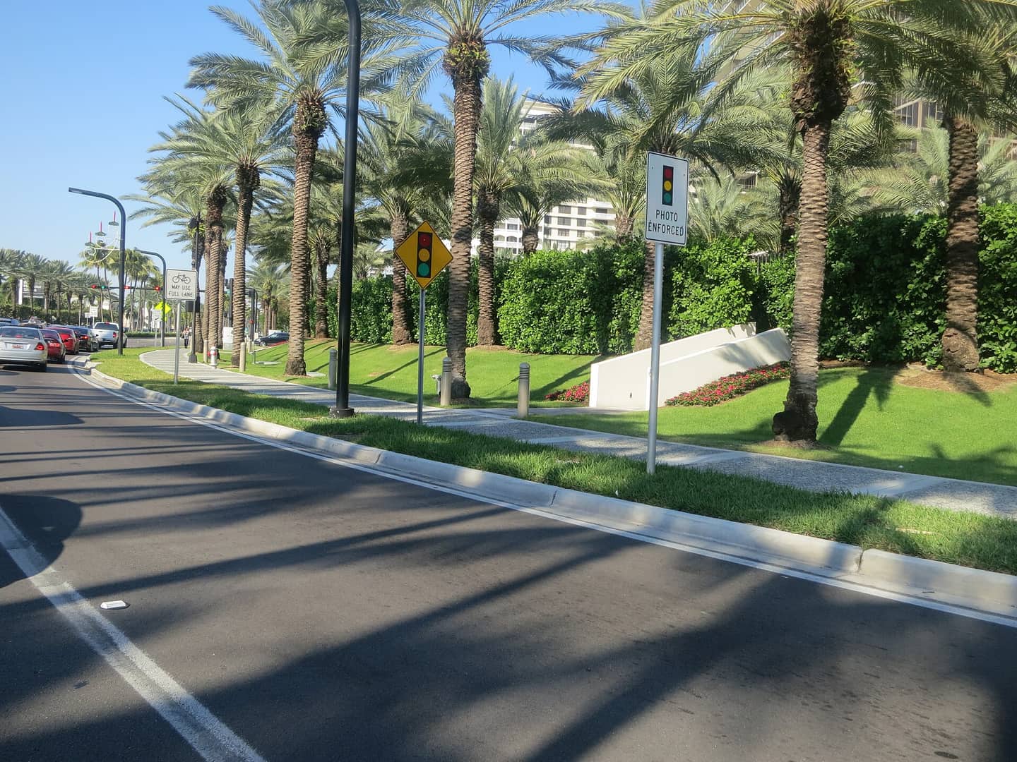 Palm-lined boulevard with green median, white sculpture, parked cars and a roadside sign.