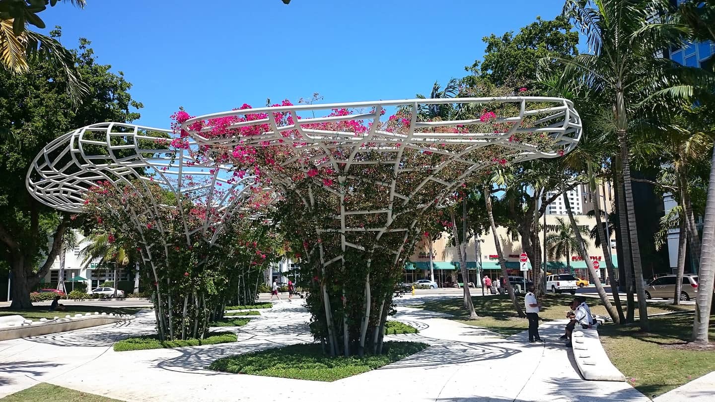 White latticework canopy sculpture over pink bougainvillea and walkways beside palm trees on a sunny day.