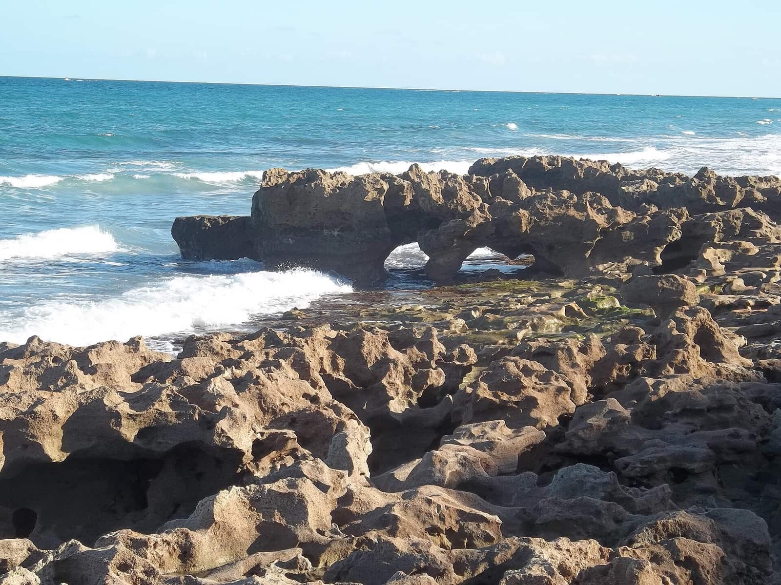 Waves break against sculpted limestone rock formations with a natural arch along the Florida shoreline.