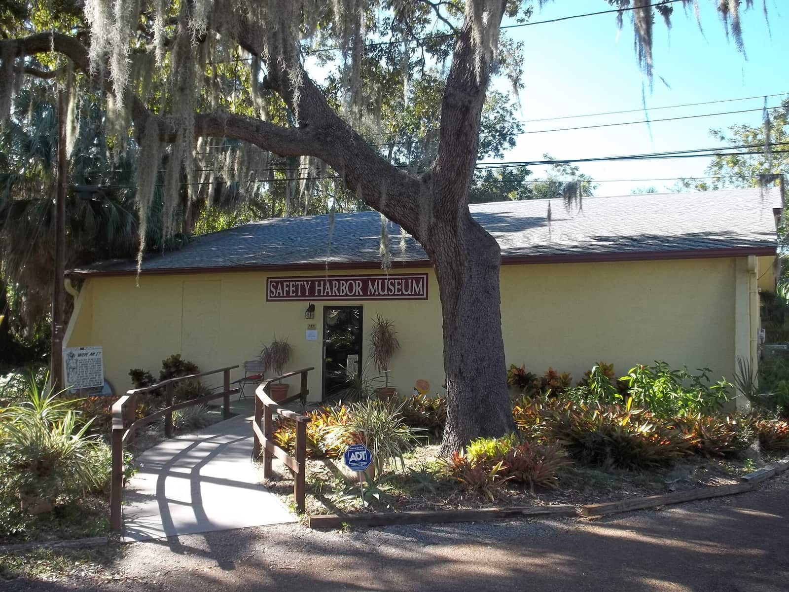 Yellow stucco museum building with a sign reading Safety Harbor Museum under a mossy oak.